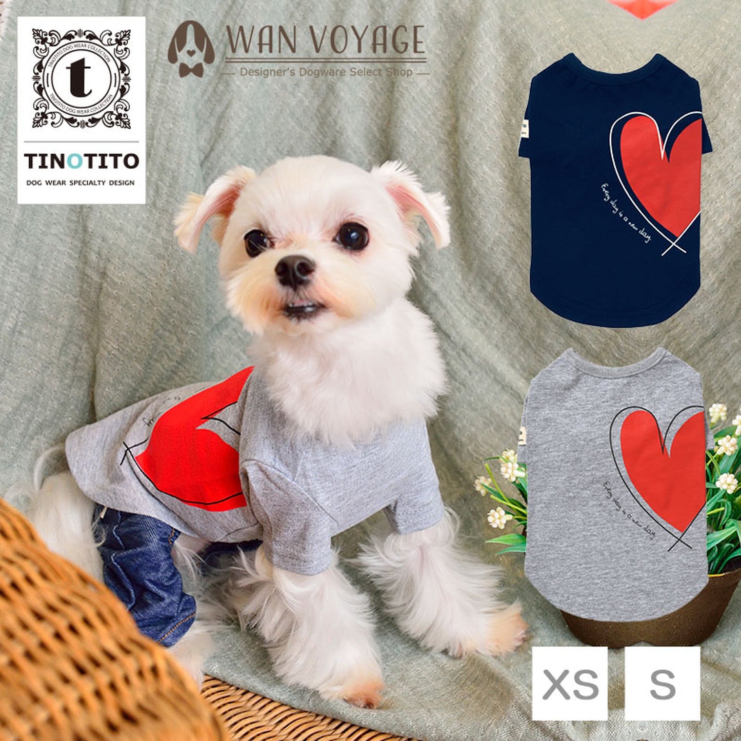 ハートプリントTシャツ 犬服 ドッグウェア XS/S/M/L/XL/XXL ワンボヤージュ TINOTITO ティノティート トイプードル チワワ ダックス tt141169-1