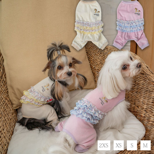 BABYフリルベロアつなぎ 2XS/XS/S/M CRAZYBOO Baby（クレイジーブー ベビー） 子犬用 パピー 犬服 トイプードル チワワ ポメラニアン CBbaby22AW cb163996-1